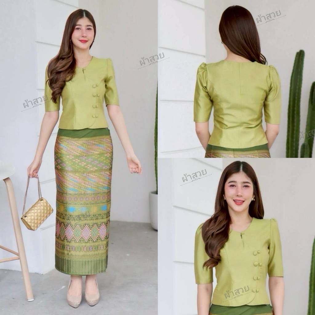 ชุดเสื้อผ้าไหมสี่เส้น อัดผ้ากาว พรีเมี่ยม ฟรีไซด์ ปรับเอวได้ 24-44 นิ้ว มุมมองที่ 5