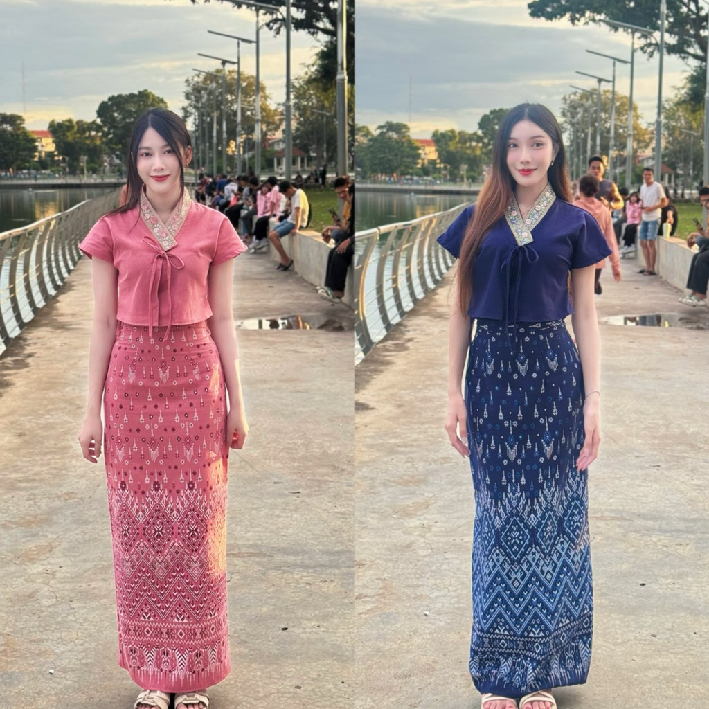 TANTANOD TL14 ชุดเซตผ้าไทยล้านนา กระโปรงผ่าหลัง ผ้าฝ้ายพิมพ์ลาย ใส่สบาย ราคาน่ารัก