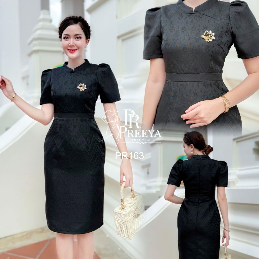 PR163 เดรสผ้าฝ้ายทอลายยกแขน อัดกาวทั้งชุด ไซส์ S-4XL แบรนด์ Preeya เก็บทรงสวย