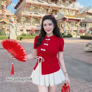 โปรโมชั่น Flash Sale :  เฉพาะเสื้อ  เสื้อตรุษจีน ผ้าวูลเวฟคอจีกติดกี่เพ้าหน้าผ่าหน้าแต่งโบว์ A5845