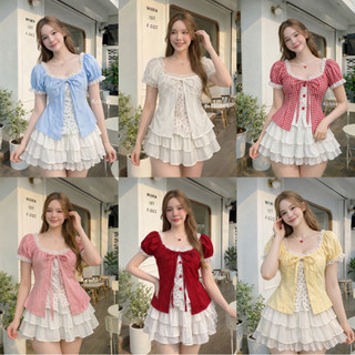 (อก28-40)เสื้อแขนตุ๊กตา ผูกโบว์หน้าดีเทลแต่ง 2 ชั้น (งานชิ้นเดียว) สาวอวบใส่ได้อกถึง 40(เสื้ออย่างเดียว) เสื้อผ้าผู้หญิง