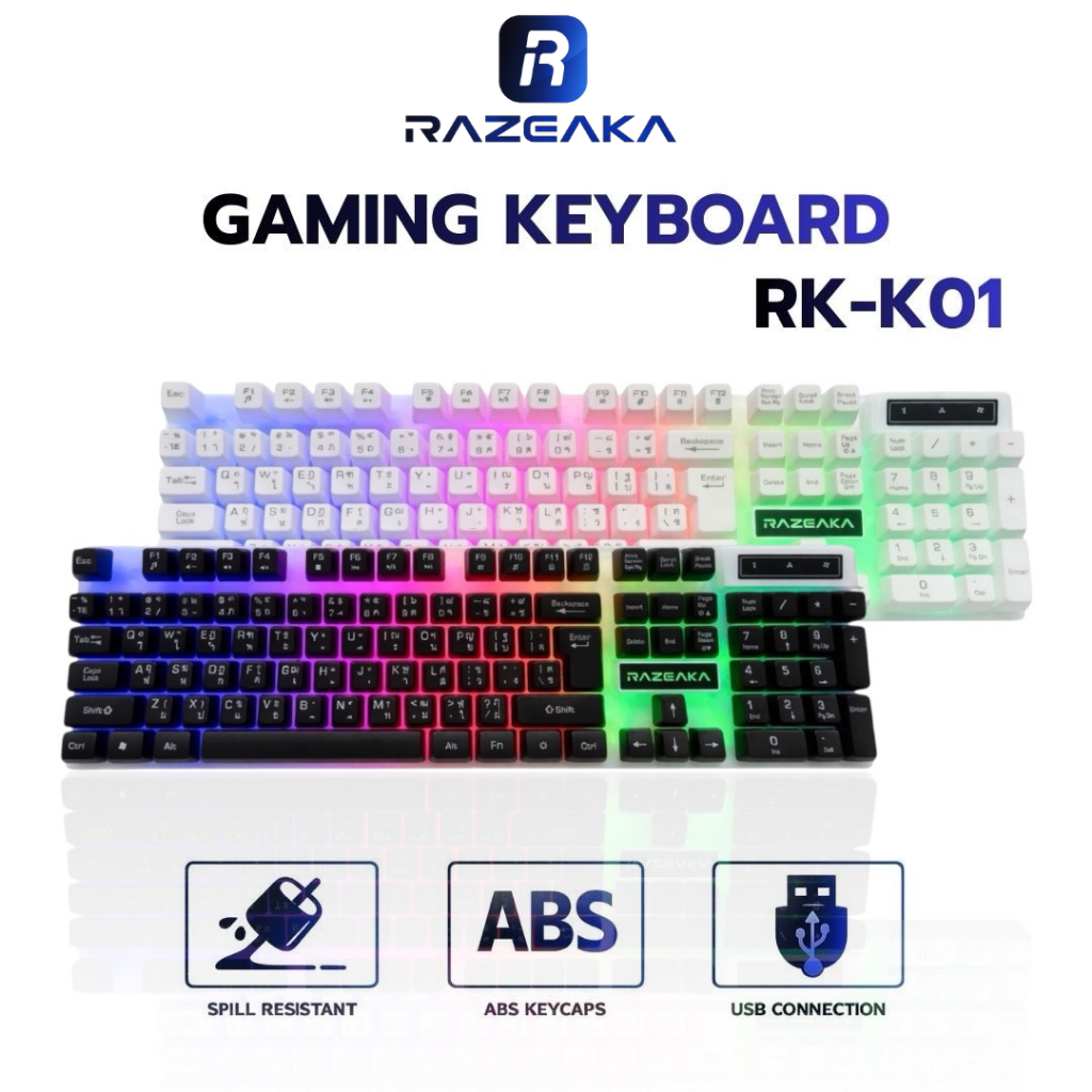 RAZEAKA RK-K01 คีย์บอร์ด Gaming Keyboard 104 Keys Full Size ไฟสีรุ้ง มี ...