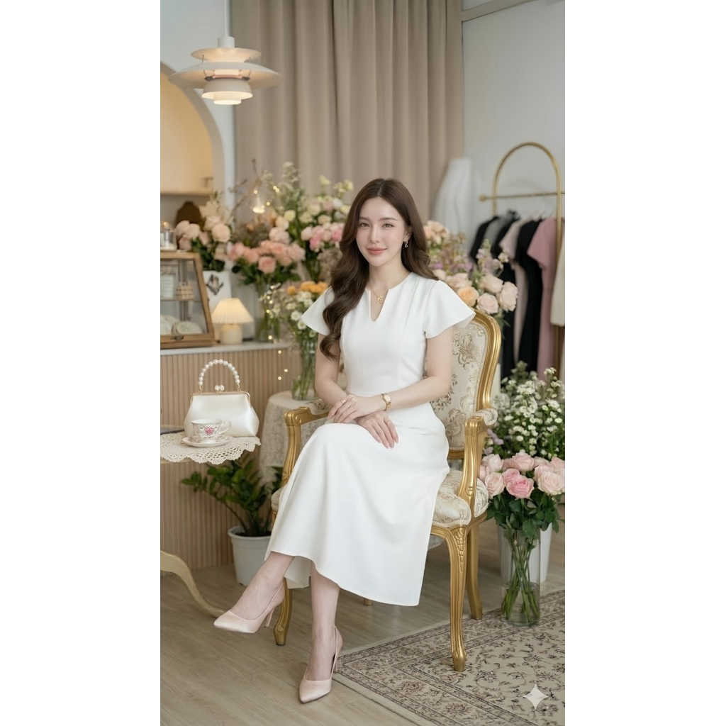 เดรสขาว D24 ผ้าหนา360g. พร้อมซับใน เรียบหรูดูแพง งานบุญ งานหมั้น มุมมองที่ 2