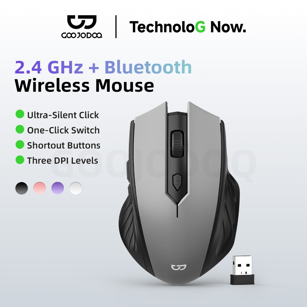 GOOJODOQ เมาส์ไร้สาย โหมดคู่ เงียบ ปุ่มด้านข้าง เมาส์บลูทูธ 1600dpi Mouse 500mah ชาร์จไฟได้