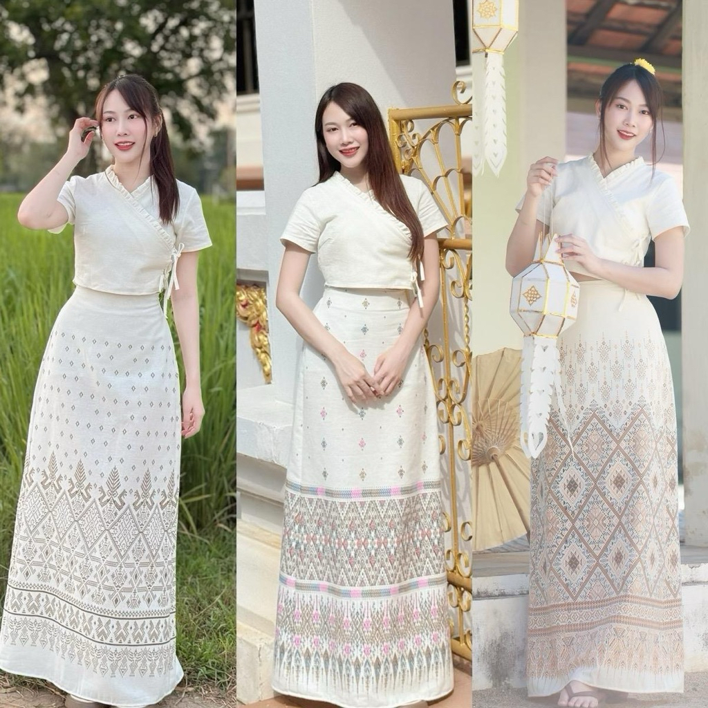 ชุดเซต เสื้อไขว้ผูกข้าง กระโปรงยาวลายพญานาค(ผ้าฝ้าย) รุ่นPrakaydaw