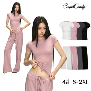 SuperCandy🌷 màu đậm, thoải mái, phong cách thể thao, bộ suit áo ngắn tay nữ mùa hè mới, dáng rộng, vải thẳng, bộ 2 món