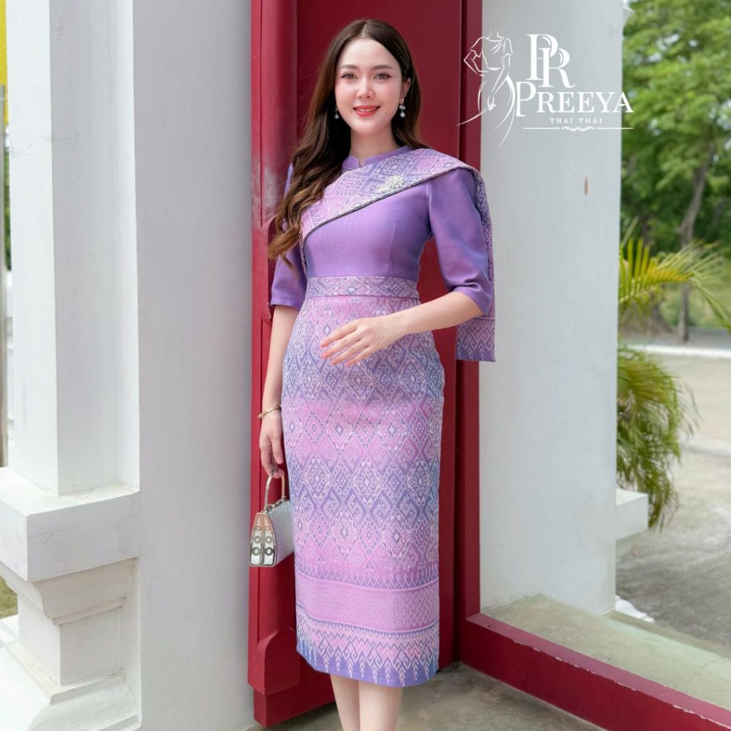 PR182 เดรสผ้าฝ้ายทอลายอัดกาว ห่มสไบ ชุดไทยสวยหรู ไซส์ S-2XL มุมมองที่ 6
