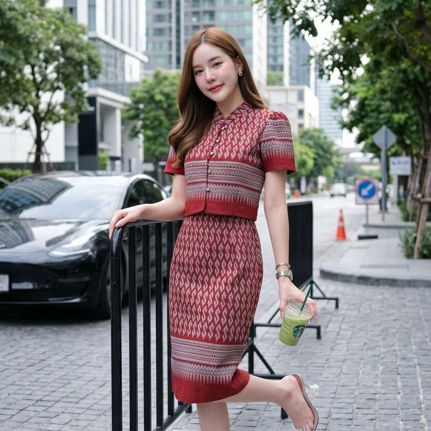 LANNA ชุดเซทเสื้อ+กระโปรงผ้าไทยลายดอกขอ ใส่ทำงาน-ออกงาน ทรงสวย ผ้าฝ้ายนุ่ม ดูดีทุกไซส์ มุมมองที่ 2