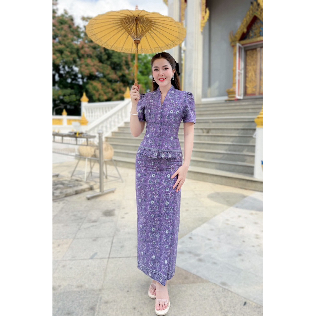เซตชุดไทยปาเต๊ะสีเผือก เสื้อ+ผ้าถุง Cotton คอปีน เรียบหรูดูแพง พร้อมส่ง มุมมองที่ 3