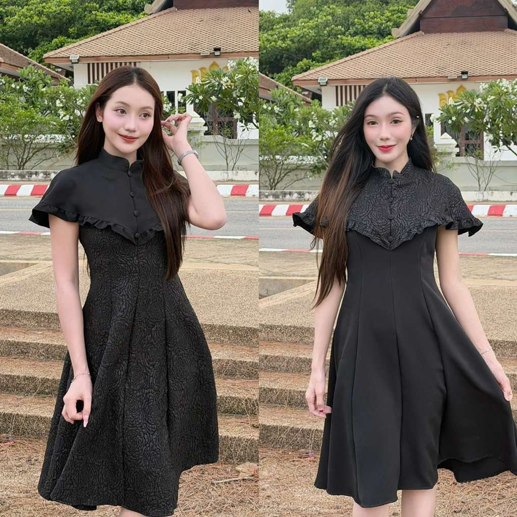 เดรสลักชูคอปกเครปญี่ปุ่นแต่งระบาย เดรสทำงาน เดรสสไตล์เรียบหรู