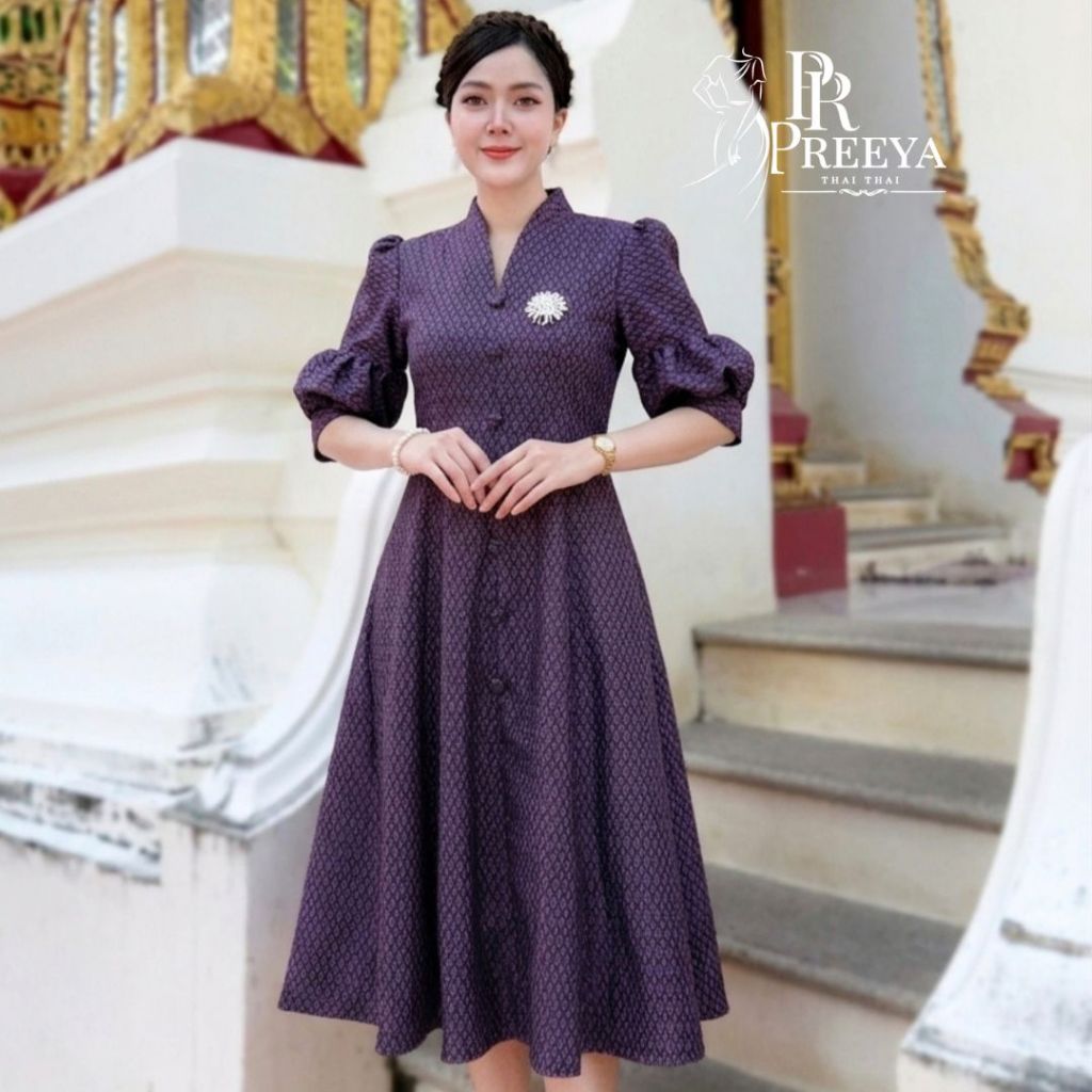 เดรสผ้าฝ้ายทอลพบุรี อัดกาวเนี๊ยบ สีธรรมชาติ พรางพุง ใส่สบายทุกวัน Preeya PR173 มุมมองที่ 3