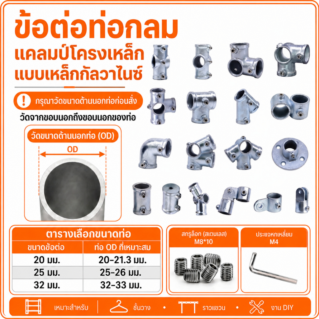 ข้อต่อเหล็กกัลวาไนซ์ มีน็อตให้ ไม่ต้องต๊าปเกลียว ขนาด 20 มม. / ขนาด 25 มม. / ขนาด 32 มม. สำหรับงานเฟอร์นิเจอร์ งานDIY