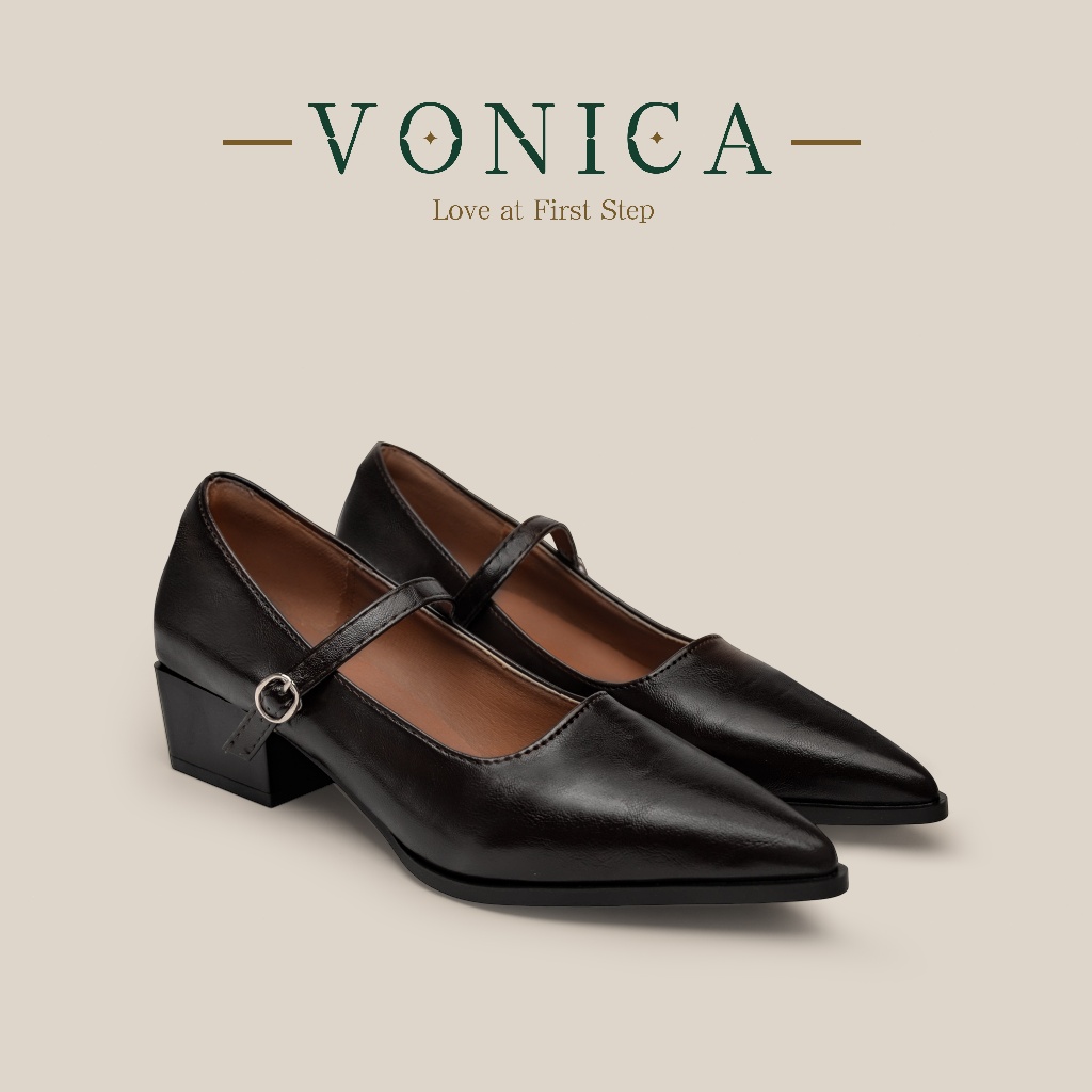 VONICA รองเท้าส้นต่ำแมรี่เจนสีดำ หัวแหลม สไตล์เกาหลี สะดวกใส่ทำงานและ ...