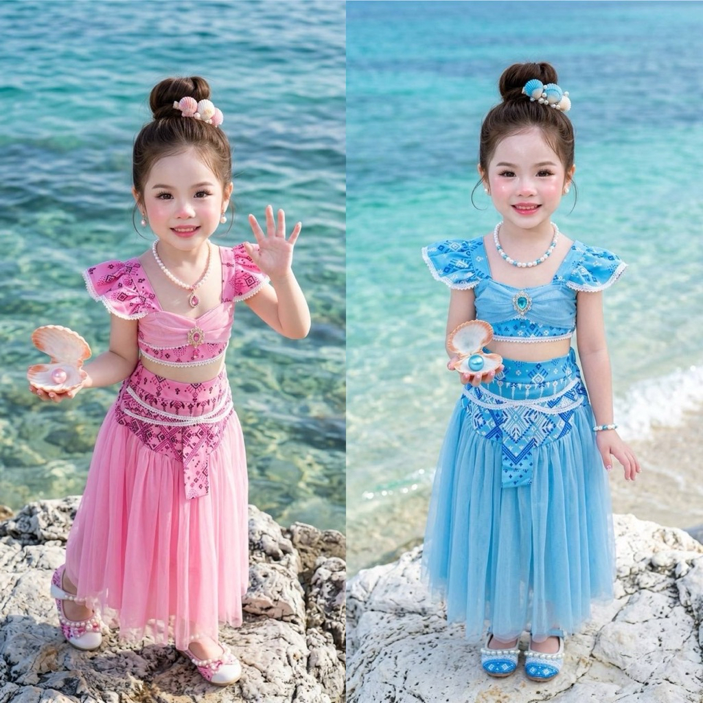 ชุดไทยนางเงือกวันสุนทรภู่ เด็กผู้หญิง ใส่ทำบุญ กิจกรรม ฟ้า-ชมพู ผ้าฝ้ายนุ่ม ไซส์ S-2XL