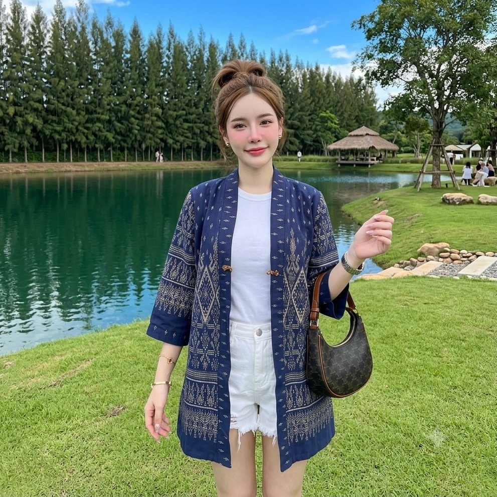LANNA – เสื้อคลุมตัวยาวแขนยาว ผ้าฝ้ายพิมพ์ลายไทย เสื้อคลุมผู้หญิงทรงสวยใส่สบายค่ะ