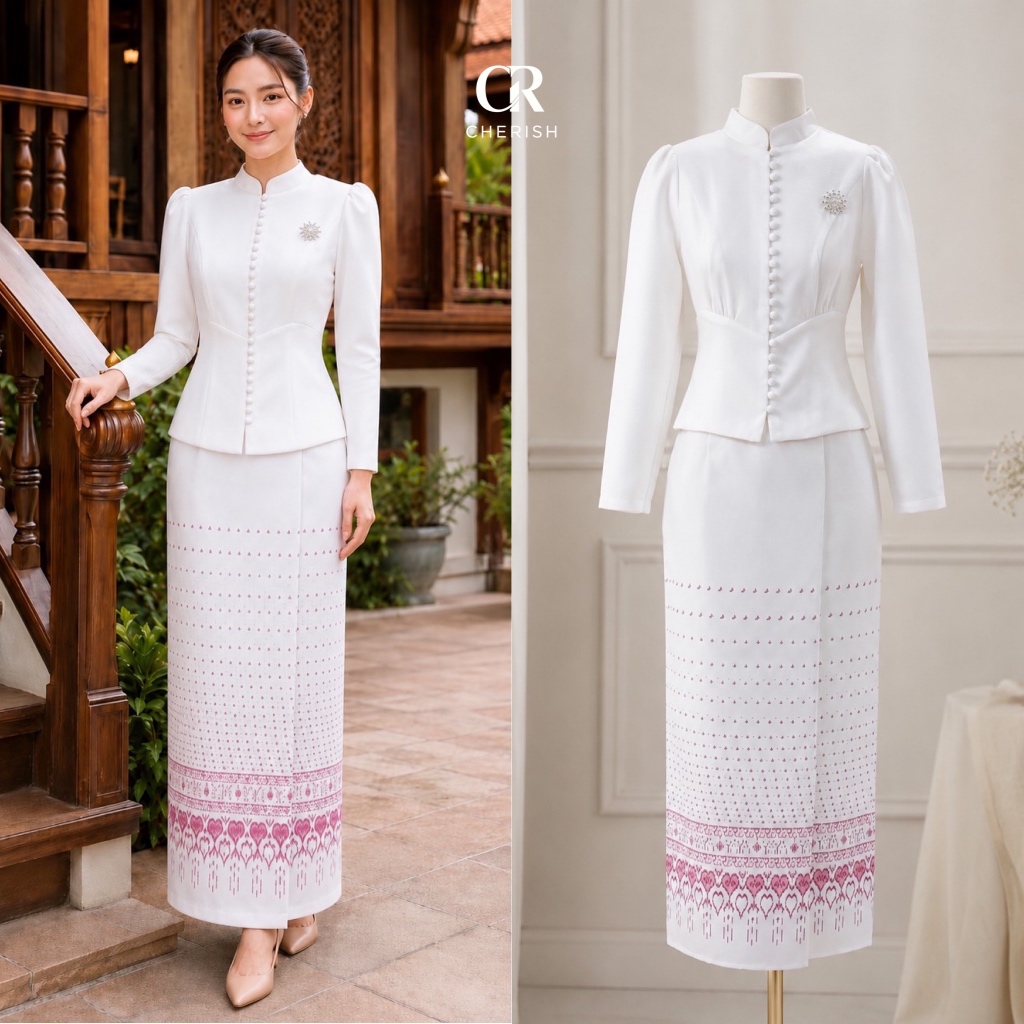 CHERISH ชุดไทยจิตรลดาแขนยาว สีขาวลายชมพู พรีเมียม 990฿ ใส่ไปงานมงคล
