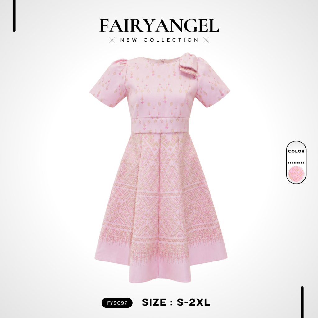 เดรสผ้าไทยทรงบานคอกลม FY9097 สีชมพู-ขาว ไซส์ S-5XL พร้อมส่ง Fairyangelstore มุมมองที่ 6