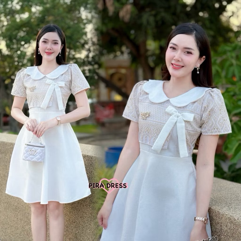 เดรส PIRA DRESS คอโบว์ ผ้าฝ้ายอัดกาว ทรงย้วย พรางพุง ขาวน่ารัก ไซส์ฟรี มุมมองที่ 6