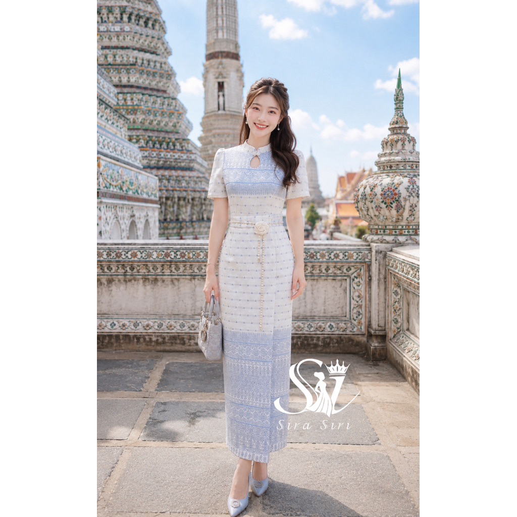 ชุดไทยสงกรานต์ SIRA SIRI ผ้าทอขาวฟ้า เสื้อคอวีโบว์ไหล่ พร้อมผ้าถุงสำเร็จรูป