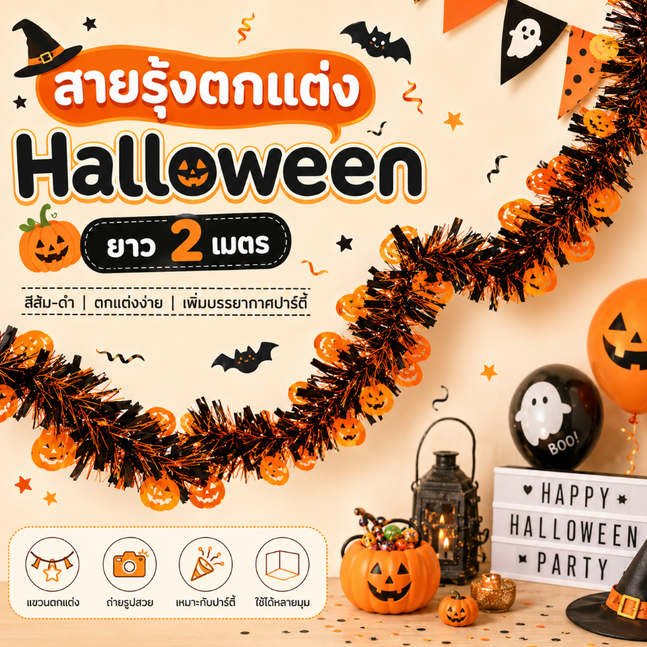 สายรุ้งตกแต่ง Halloween ฟักทอง ยาว 2 เมตร ของแต่งบ้าน ตกแต่งร้าน พร็อพถ่ายรูป สร้างบรรยากาศเทศกาล ตกแต่งบ้านสวยๆ ฮาโลวีน