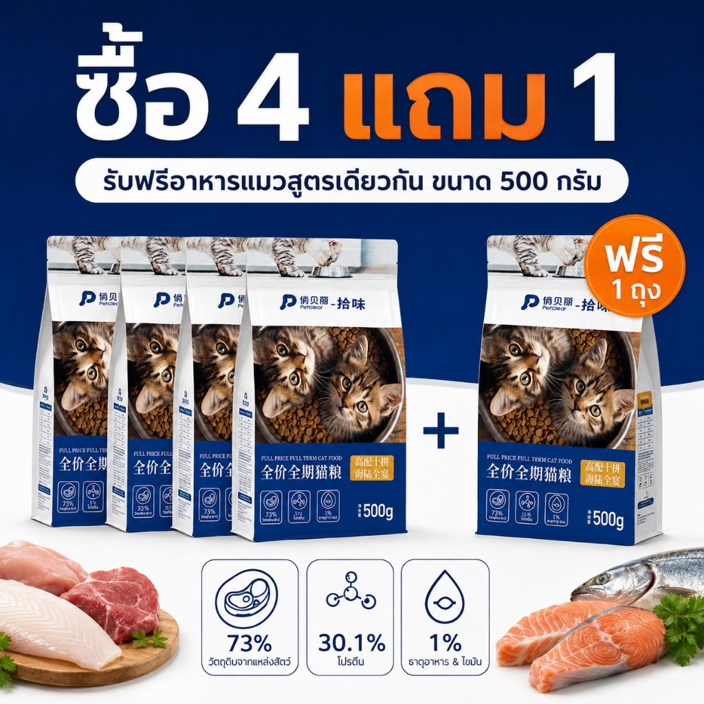 อาหารเม็ดแมวทุกวัย PetClear 500 กรัม ผสมน้ำมันปลาแซลมอนและทอรีน