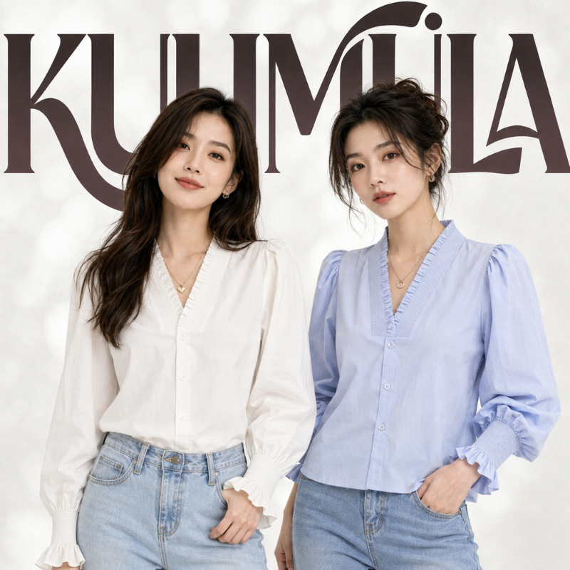 KULIMULA เสื้อเชิ้ตV‑คอแขนพองระบาย ดีไซน์ลูกไม้ขอบคอ ผ้าเรียบเนียน สไตล์เกาหลีใส่ทำงานได้ YD89