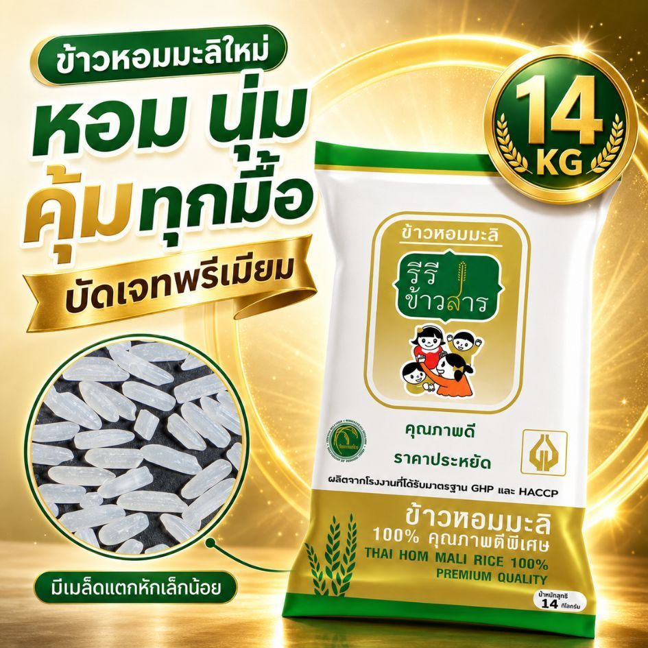 [14 กก.] ข้าวหอมมะลิใหม่ ปี69 BUDGET PREMIUM หอมมะลิแท้100% ข้าวนาปี จากศรีสะเกษ ตรารีรีข้าวสาร