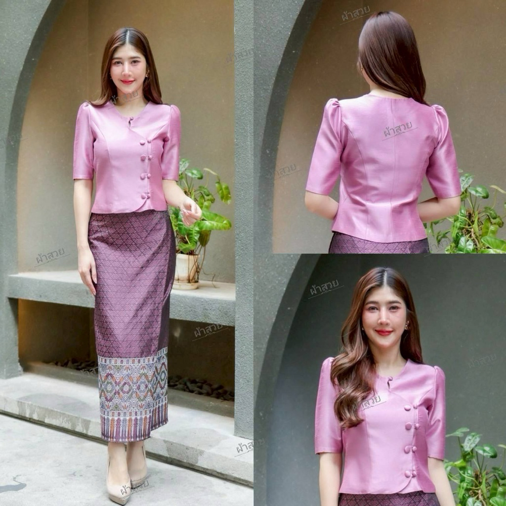 ชุดเสื้อผ้าไหมสี่เส้น อัดผ้ากาว พรีเมี่ยม ฟรีไซด์ ปรับเอวได้ 24-44 นิ้ว มุมมองที่ 3