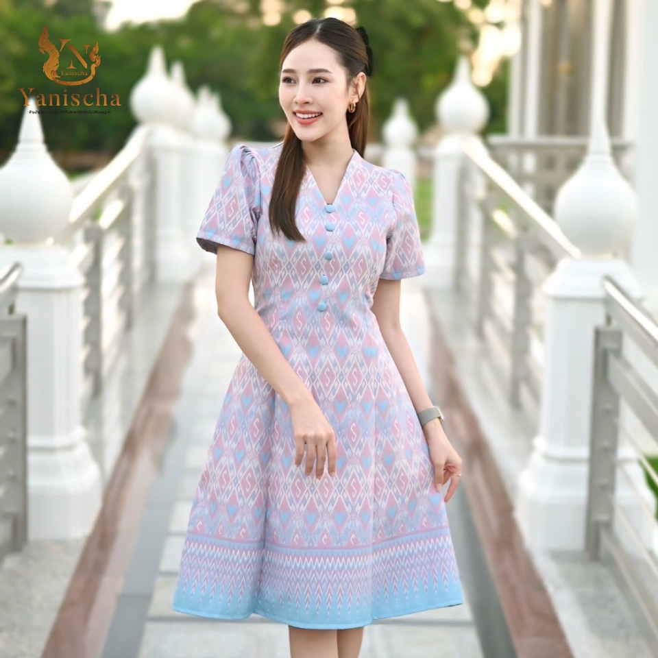 เดรสผ้าไหมทอลายพาสเทล ชุดไปวัดทำบุญ เรียบหรู สะกดทุกสายตา ไซส์ XS-2XL มุมมองที่ 3
