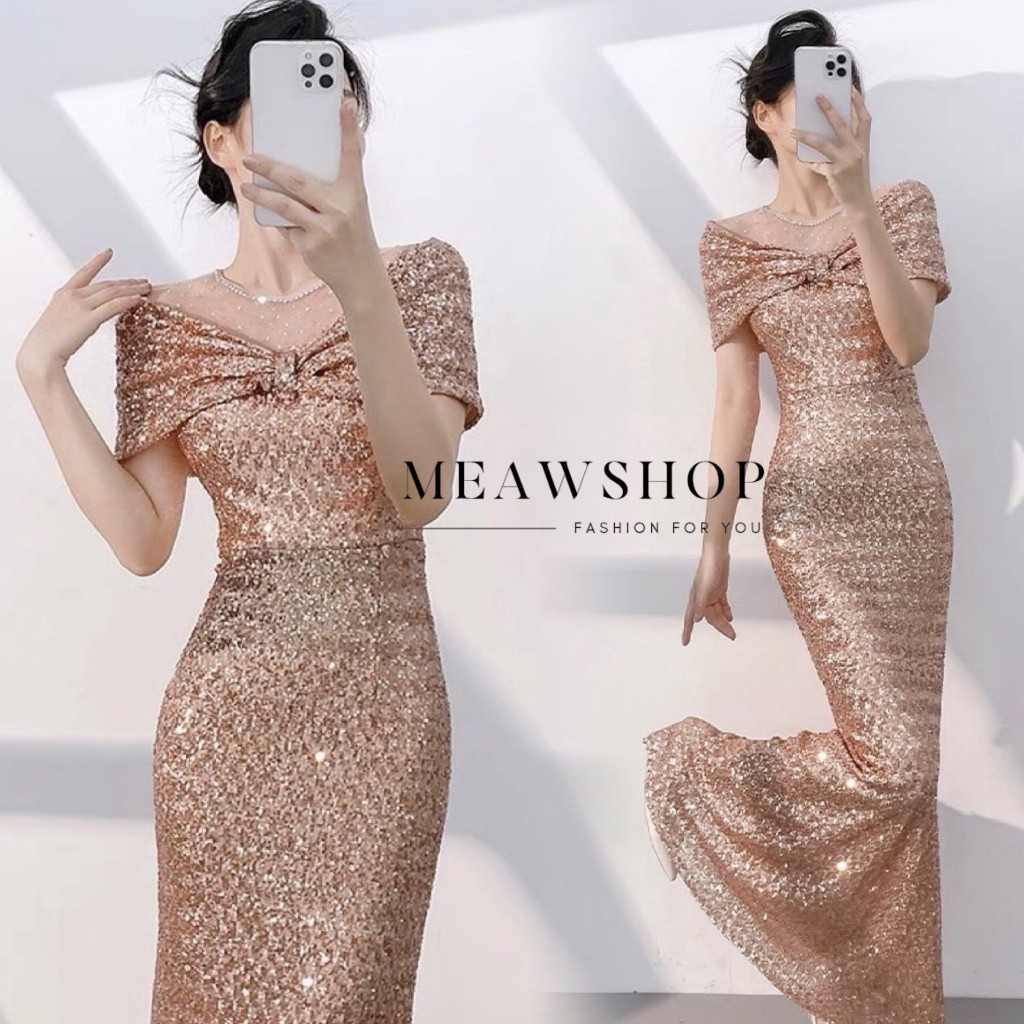 ชุดราตรียาวปักเลื่อม M-4XL สาวอวบใส่ได้ เนื้อผ้าดีไม่คัน สีเงิน/โรสโกลด์ มุมมองที่ 6