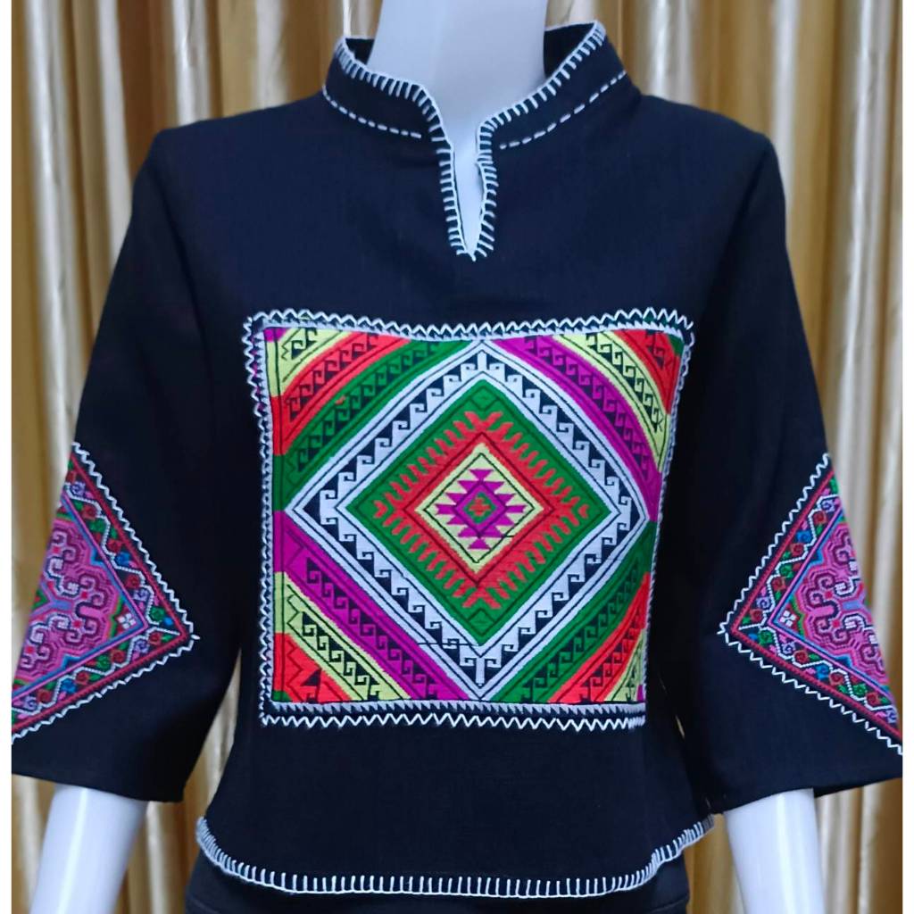 เสื้อผ้าใยกัญชง สีดำ แต่งผ้าลายปักมือ ม้งไทยดำ (Size 38) | Shopee Thailand