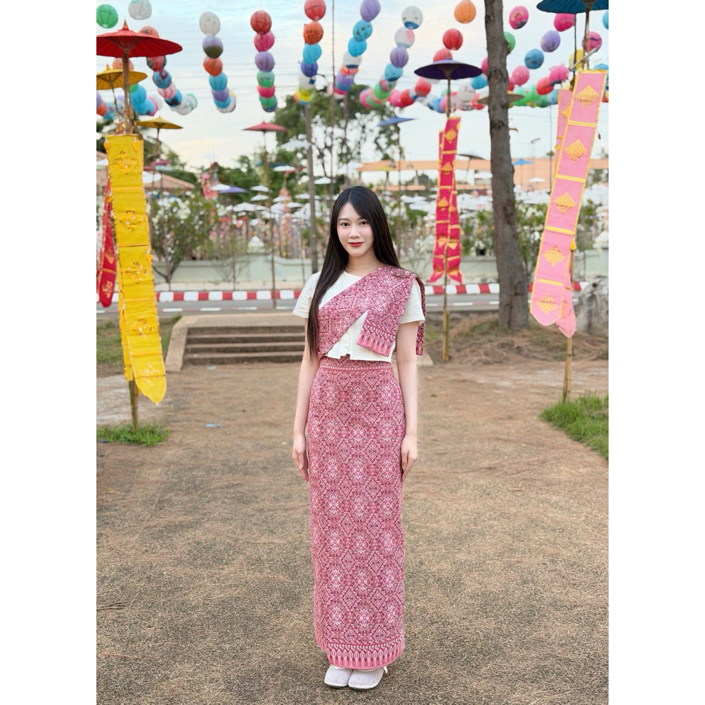 เซตผ้าไทย TANTANOD 3 ชิ้น เสื้อไข่มุก+สไบ+กระโปรงป้าย ผ้าฝ้ายพิมพ์ลาย มุมมองที่ 5