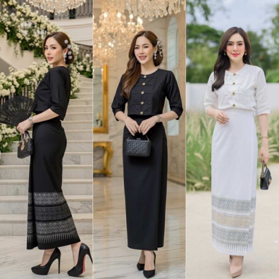 ชุดขาวดำผ้าฝ้ายเชียงใหม่ เสื้อกาสะลองแขนยาว+ผ้าถุง ไซส์36-48 ราคาคุ้มค่า ใส่งานขาวดำ