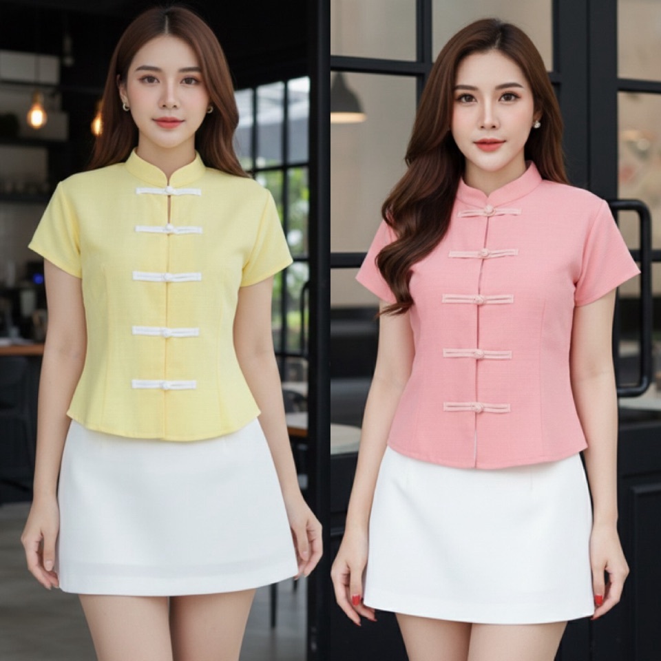 เสื้อคอจีนผู้หญิง รุ่นกระดุมผ้าม้วนสีพื้น