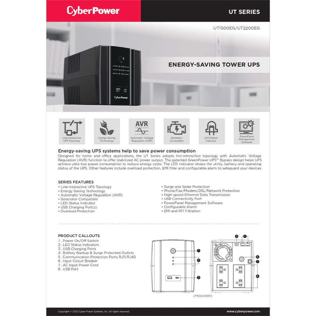 เครื่องสำรองไฟ CyberPower รุ่น UT1500EG 1500VA/900W รับประกัน Onsite ...