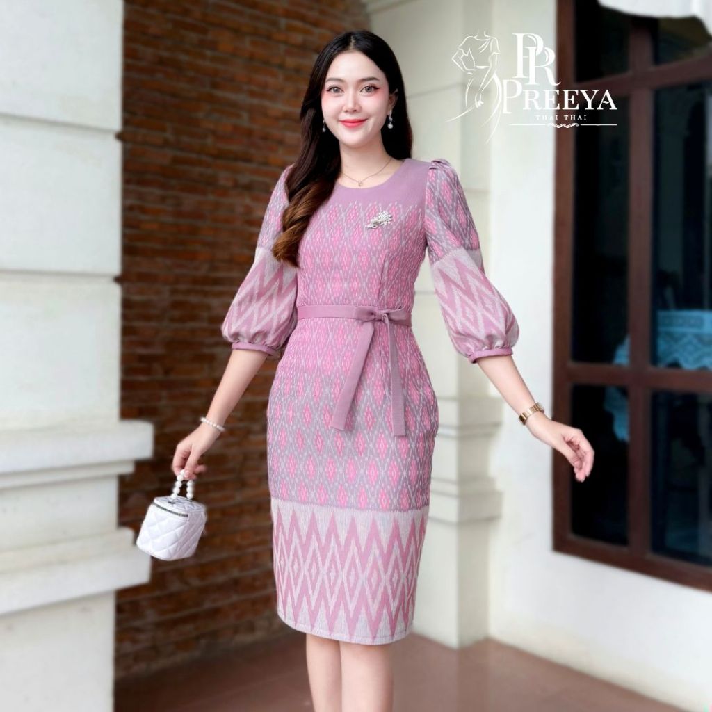 PR159 เดรสผ้าฝ้ายทอลายทรงสอบ อัดกาวทั้งชุด ใส่แล้วไม่ร้อน ไซส์S-2XL แบรนด์ Preeya มุมมองที่ 2