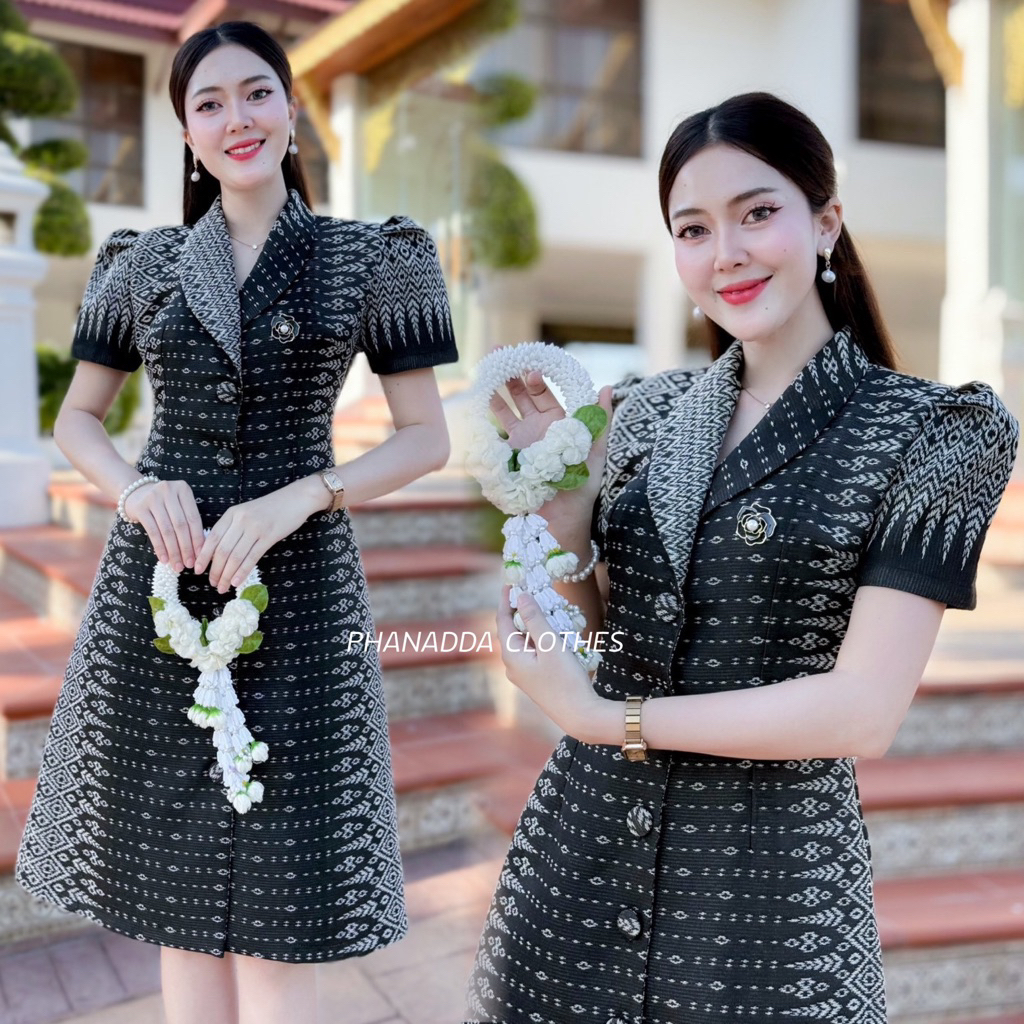 เดรสคอปกกระดุมหน้าผ้าฝ้ายทออัดกาว ใส่ทำงาน-ไปงาน ทรงสวยพอดีตัว