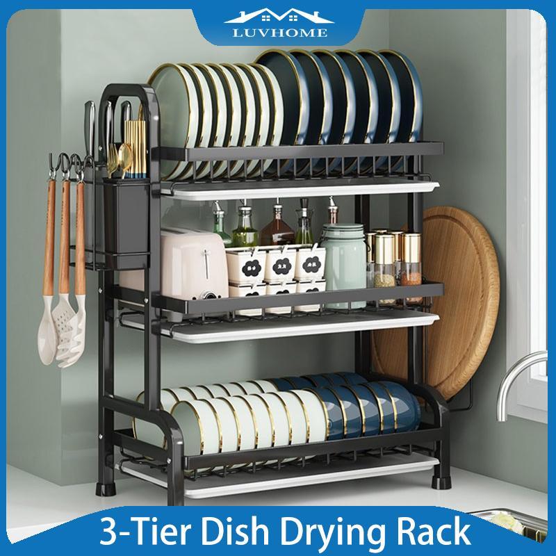 LUVHOME 3-Tier Dish Rack With Drainer Carbon Steel Drying Rack Kitchen ...