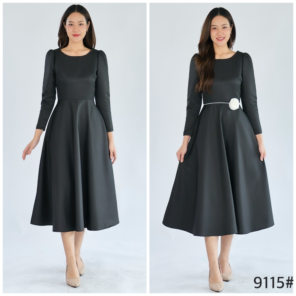 เดรสเพื่อนเจ้าสาว LX9115 ออนนี่ midi dress แขนยาว เข็มกลัดกุหลาบ ทรงเกาหลี ใส่ผอม มุมมองที่ 6