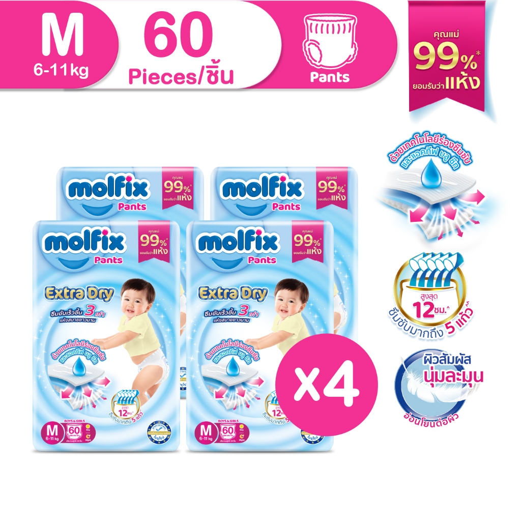 Molfix กางเกงผ้าอ้อมโมลฟิกซ์ เอ็กซ์ตร้า ดราย แพ้นส์ M 60 ชิ้น x 4