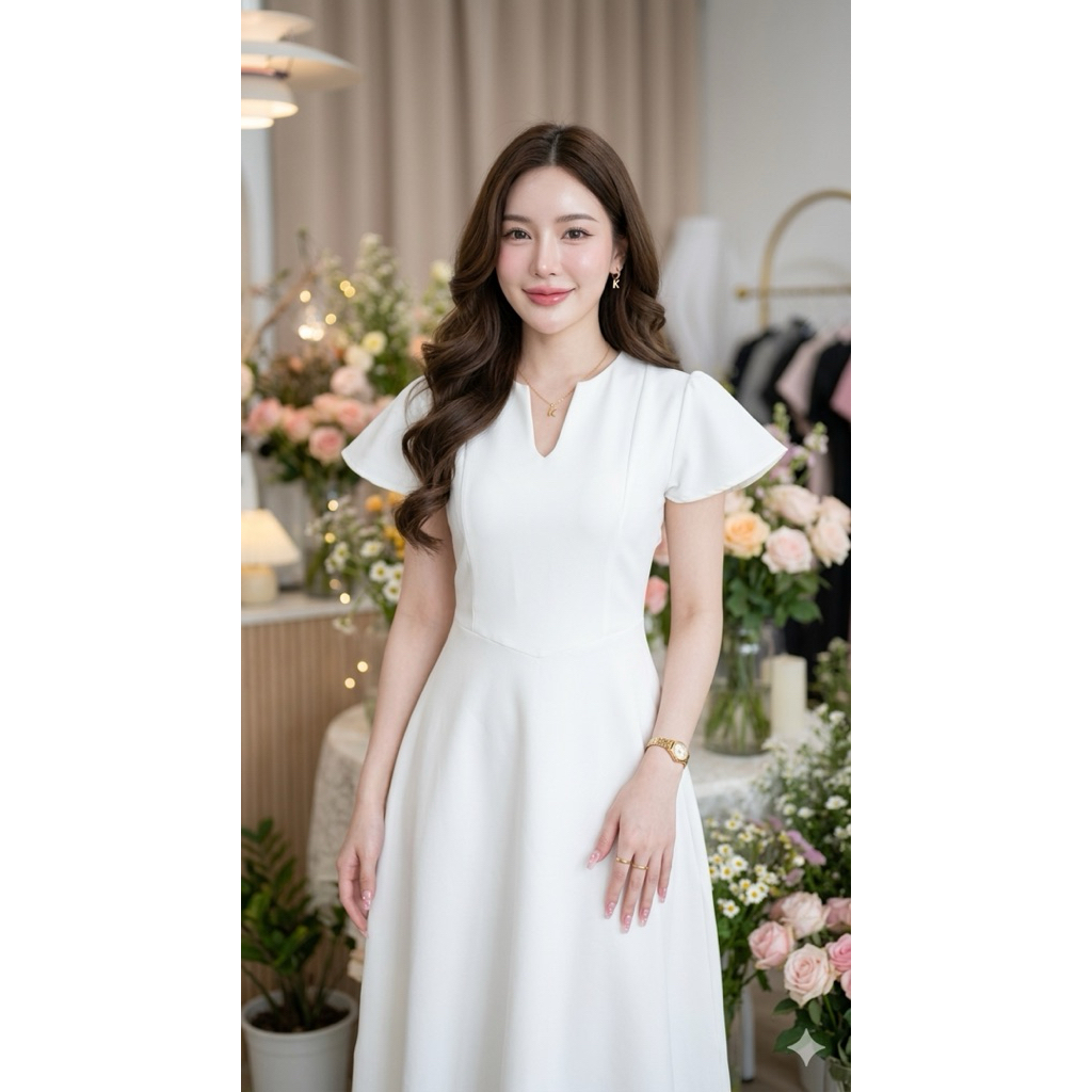 เดรสขาว D24 ผ้าหนา360g. พร้อมซับใน เรียบหรูดูแพง งานบุญ งานหมั้น มุมมองที่ 3