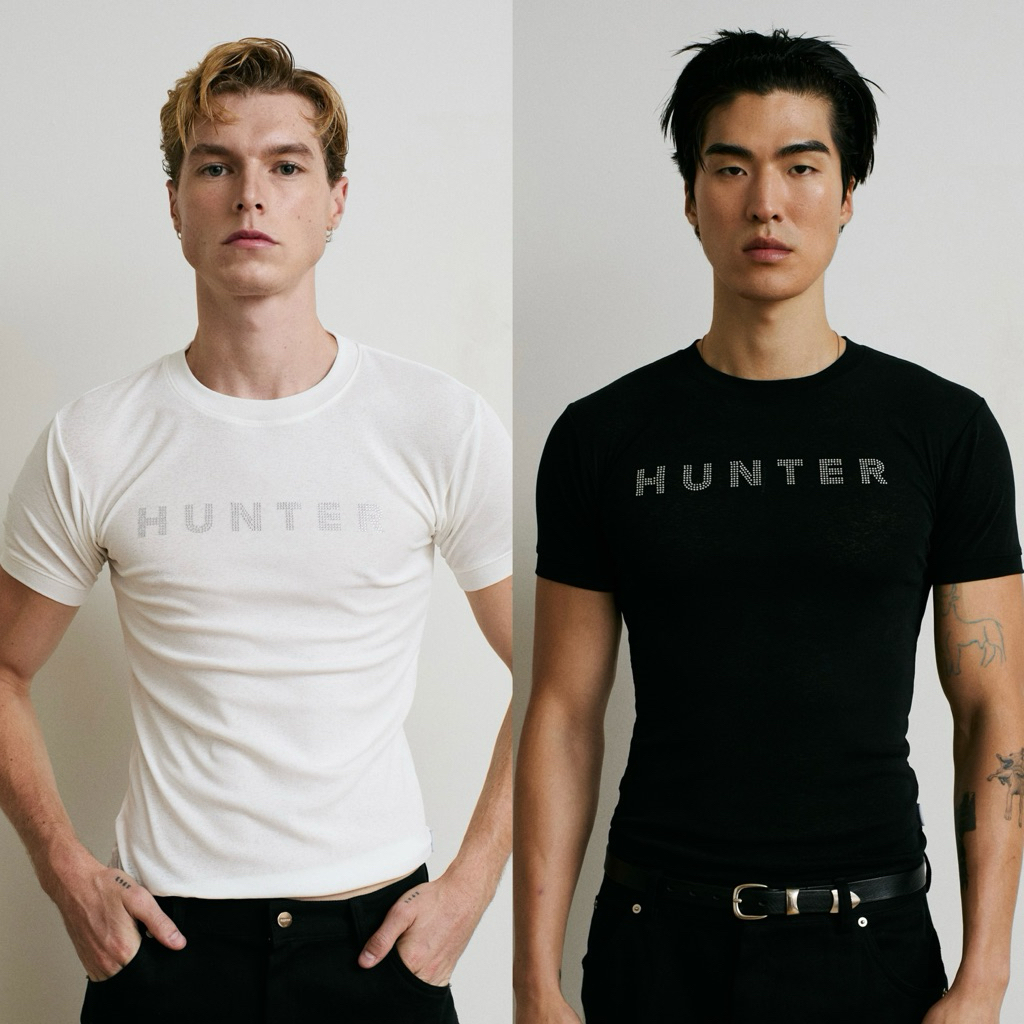 Hunter Studios - เสื้อยืดทรงพอดีตัว ผ้าบาง ติดคริสตัลโลโก้ รุ่นHUNTER ...