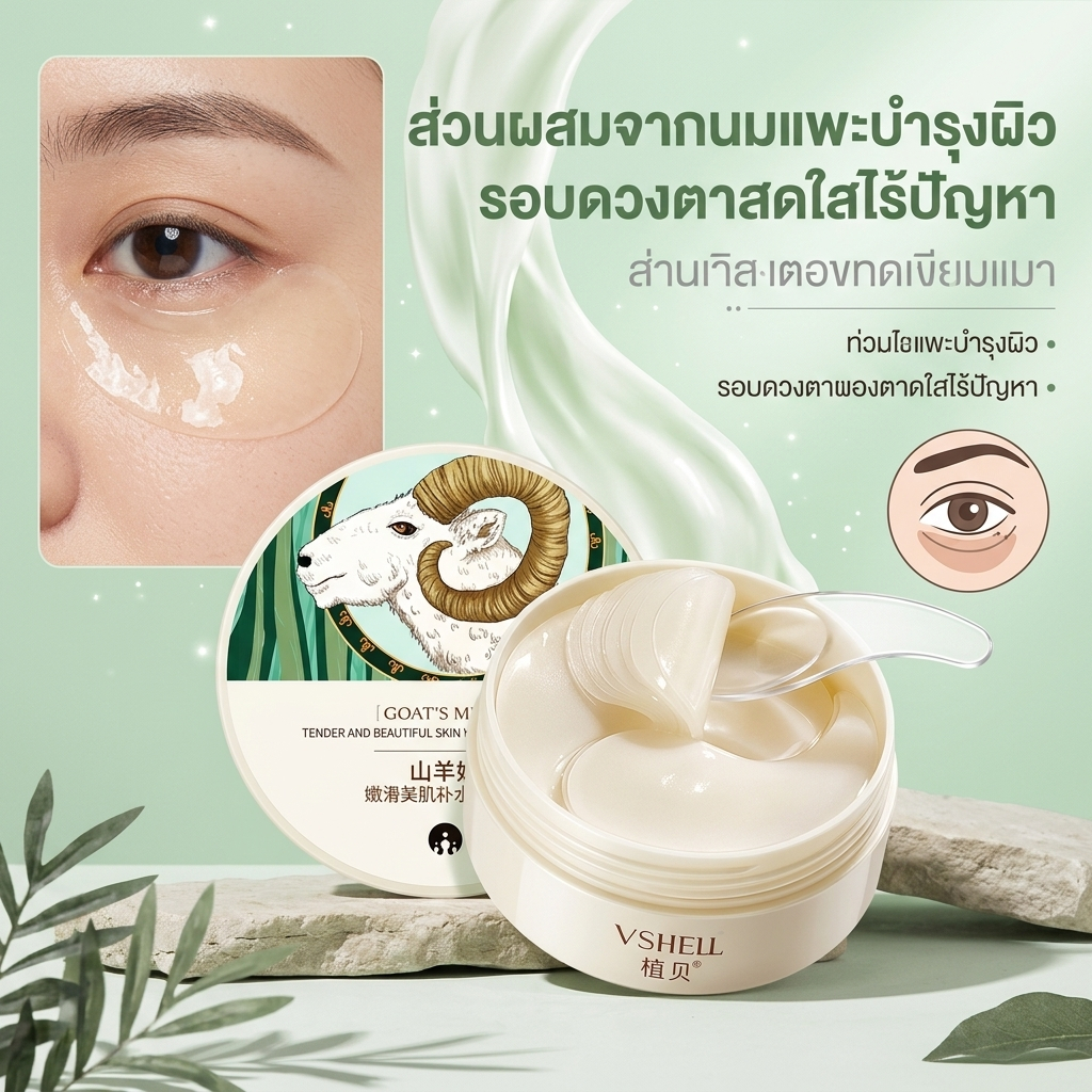 VSHELLมาร์คใต้ตา น้ำนมแพะ ผสมไฮยาลูโรนิก มาร์คนมแพะ กระปุก 60 แผ่น ...