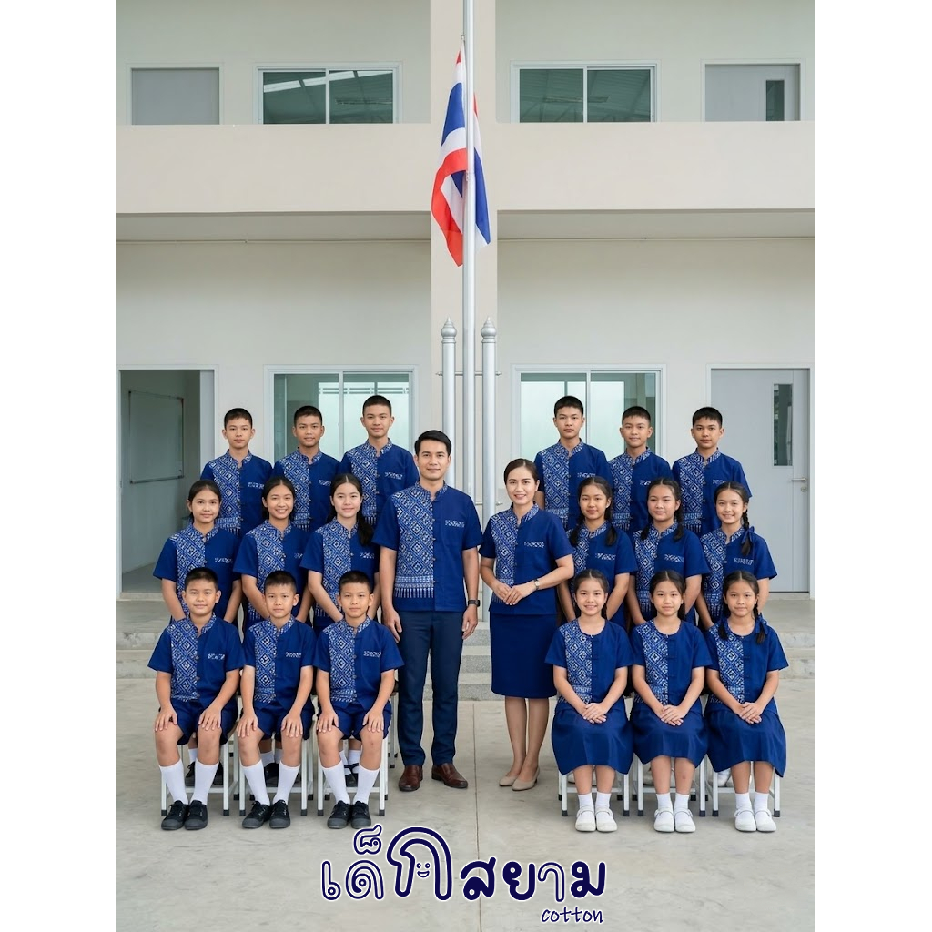 ชุดเสื้อ กางเกงเด็กชายไสตล์ล้านนา ผ้าฝ้าย เสื้อสีกรมท่าพิมพ์ลายวชิรภักดิ์ กางเกงขายาวกรมท่า ใส่ไปวัดสบาย