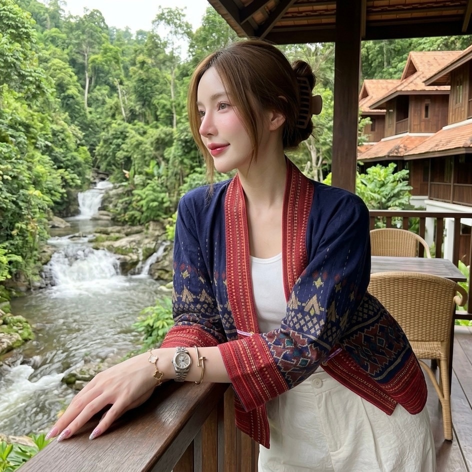 LANNATHAI – เสื้อคลุมแขนยาวผ้าไทย แต่งแถบผ้าทอสีแดง ใส่คลุมร้อนคลุมหนาว ผ้าฝ้ายพิมพ์ลาย ทรงสวยใส่สบายค่ะ