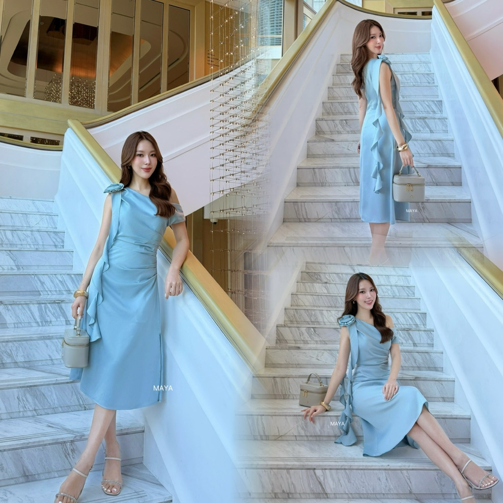 เดรสออกงานผ้าซาตินโคเรีย พรางพุงด้วยดอกไม้เดรปเอว ใส่แล้วดูแพง มีหลายสี S-XL มุมมองที่ 5