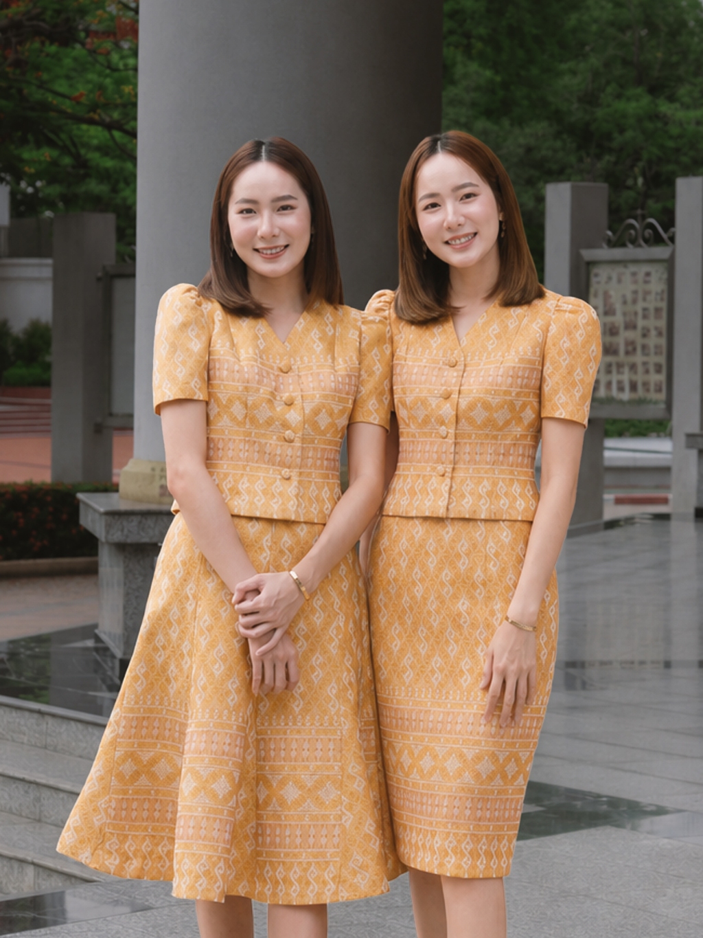 PANISA ชุดทำงานผ้าไทย No.8 สีเหลืองทอง ผ้าทอลายขอพระราชทาน ใส่แล้วดูดีมีระดับ มุมมองที่ 4