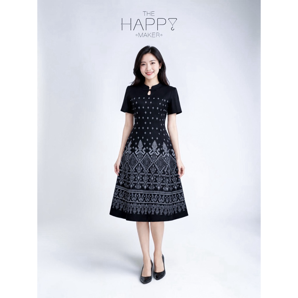 เดรสผ้าไทยทรงย้วยคอจีน อัดกาว ใส่ทำงานสวยไม่อาย ไซส์ใหญ่ พรางพุง