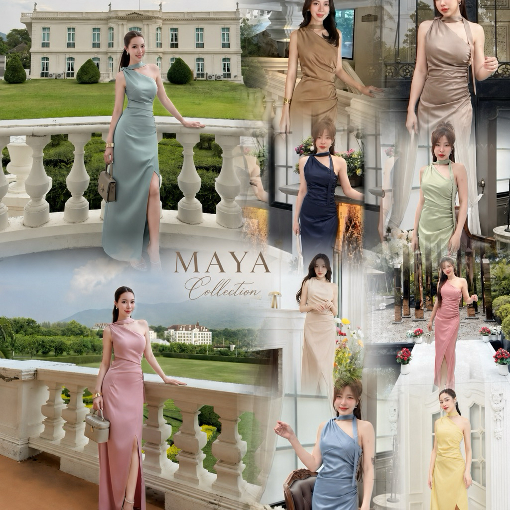 เดรสยาวออกงานสีน้ำตาลไหม้ ผ้าซาตินพริ้ว พรางพุง สายผูกอเนกประสงค์ 3 in 1