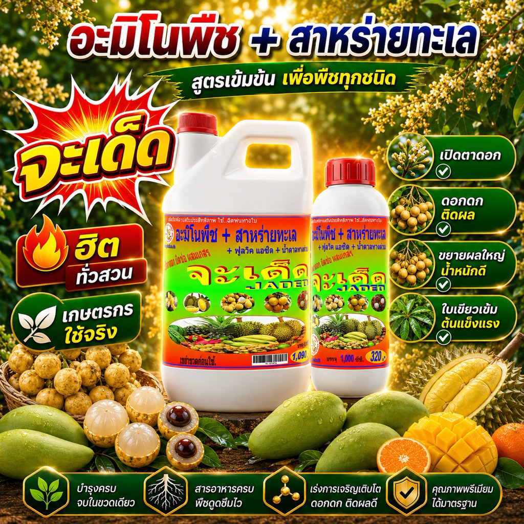 จะเด็ด สำหรับ ทุเรียน  4 ลิตร 1 แกลลอน คู่ 1 ลิตร 1 ขวด  อะมิโน นํ้าตาลทางด่วน สาหร่ายทะเล ฮอร์โมนพืช ฉีดพ่นทางใบ ฮิวมิค
